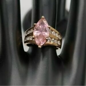 Vintage Gold Tone Sterling Silver Rhinestones Pink Marquise Cut Cocktail Ring
